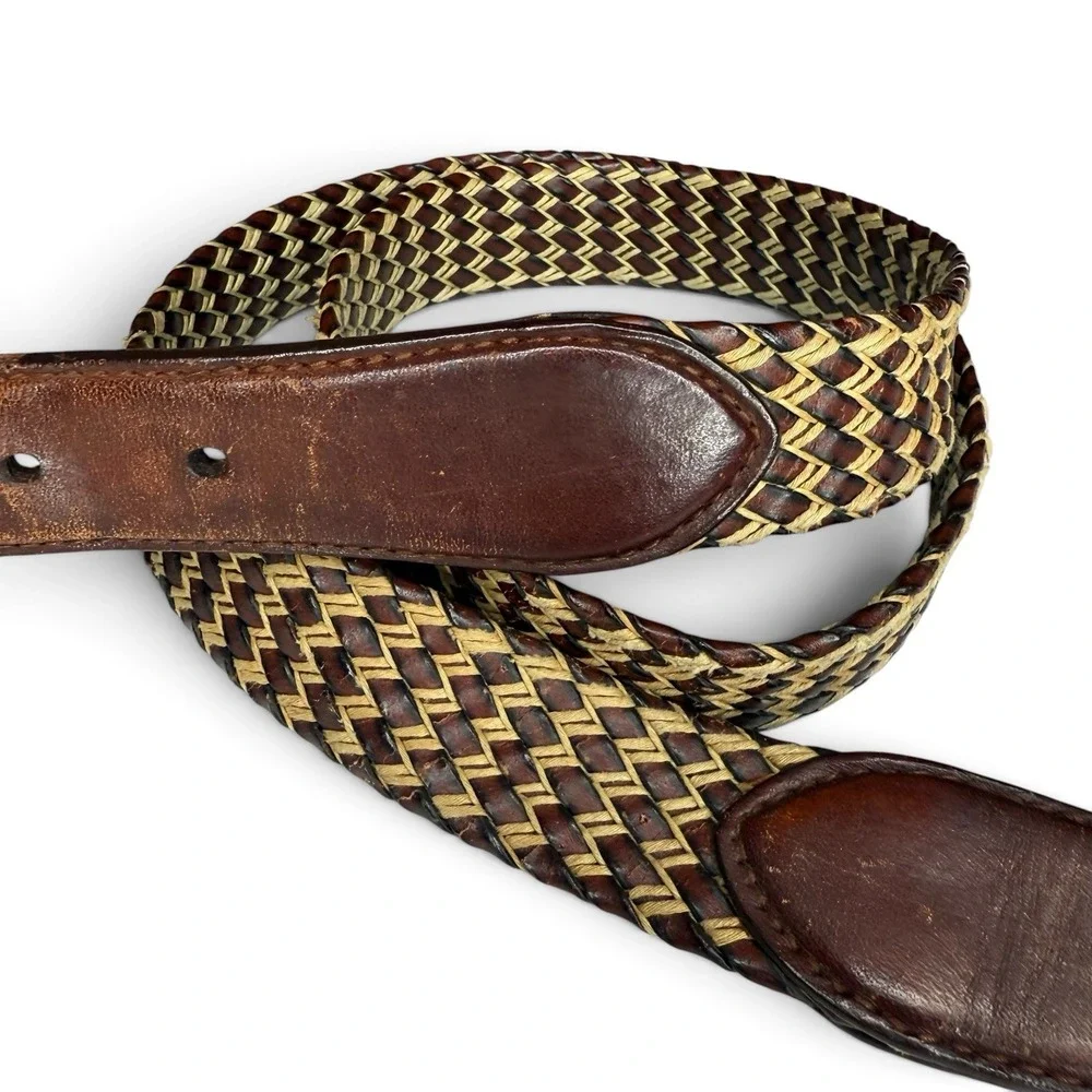 Fossil Braided Woven Brown/Cream Leather Belt Size 38/95
